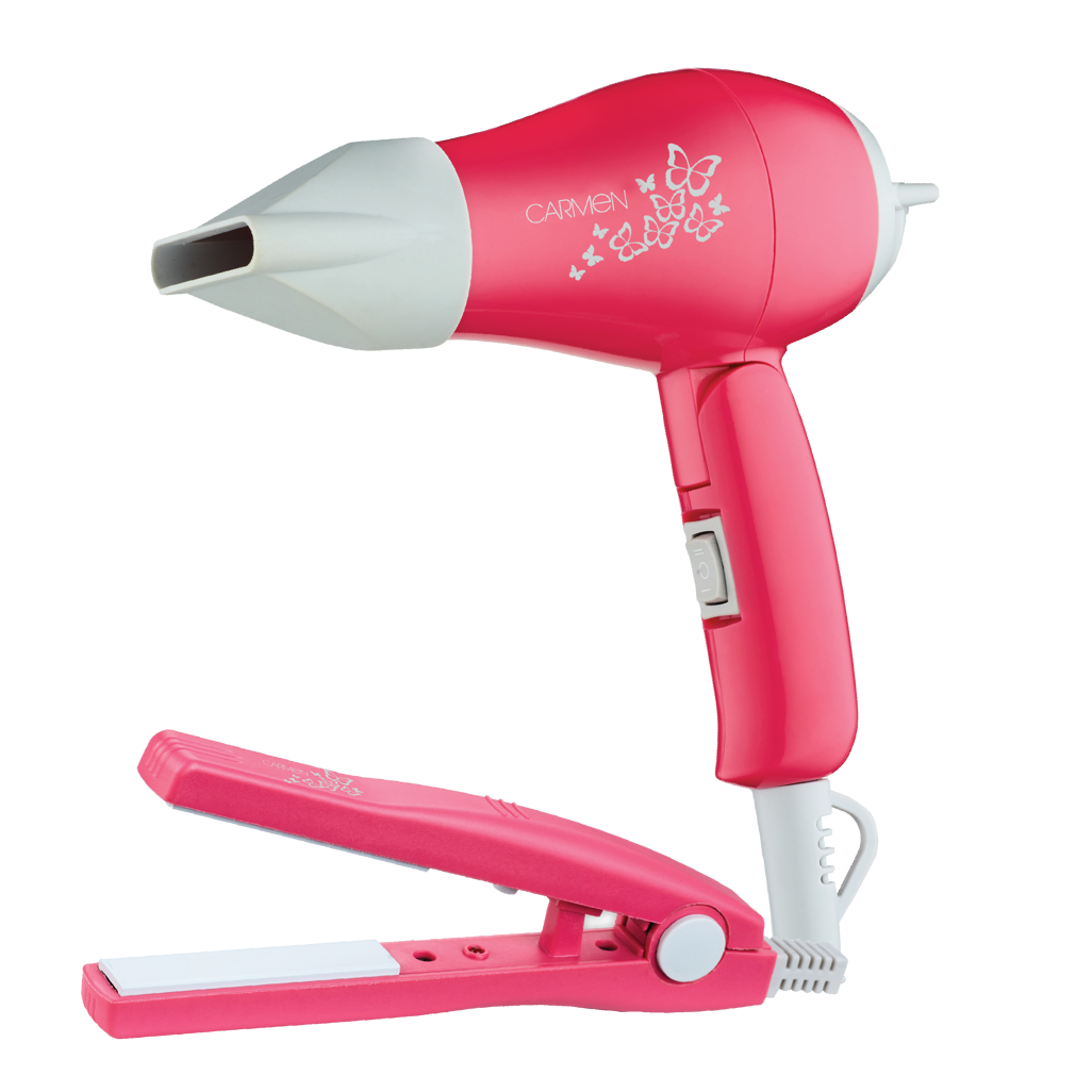 Carmen Ceramic Hair Straightener & Dryer Set - Pink, Travel Styling Kit