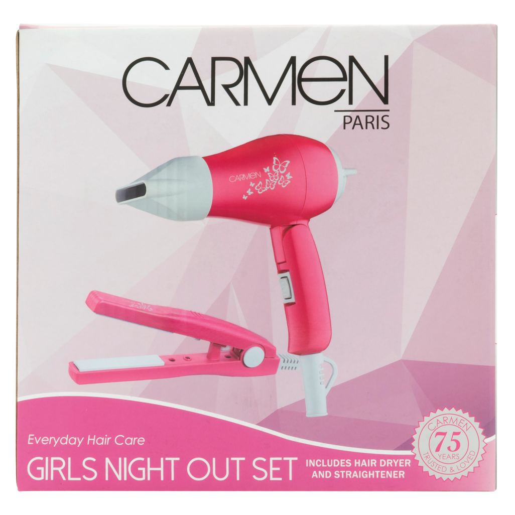 Carmen Ceramic Hair Straightener & Dryer Set - Pink, Travel Styling Kit