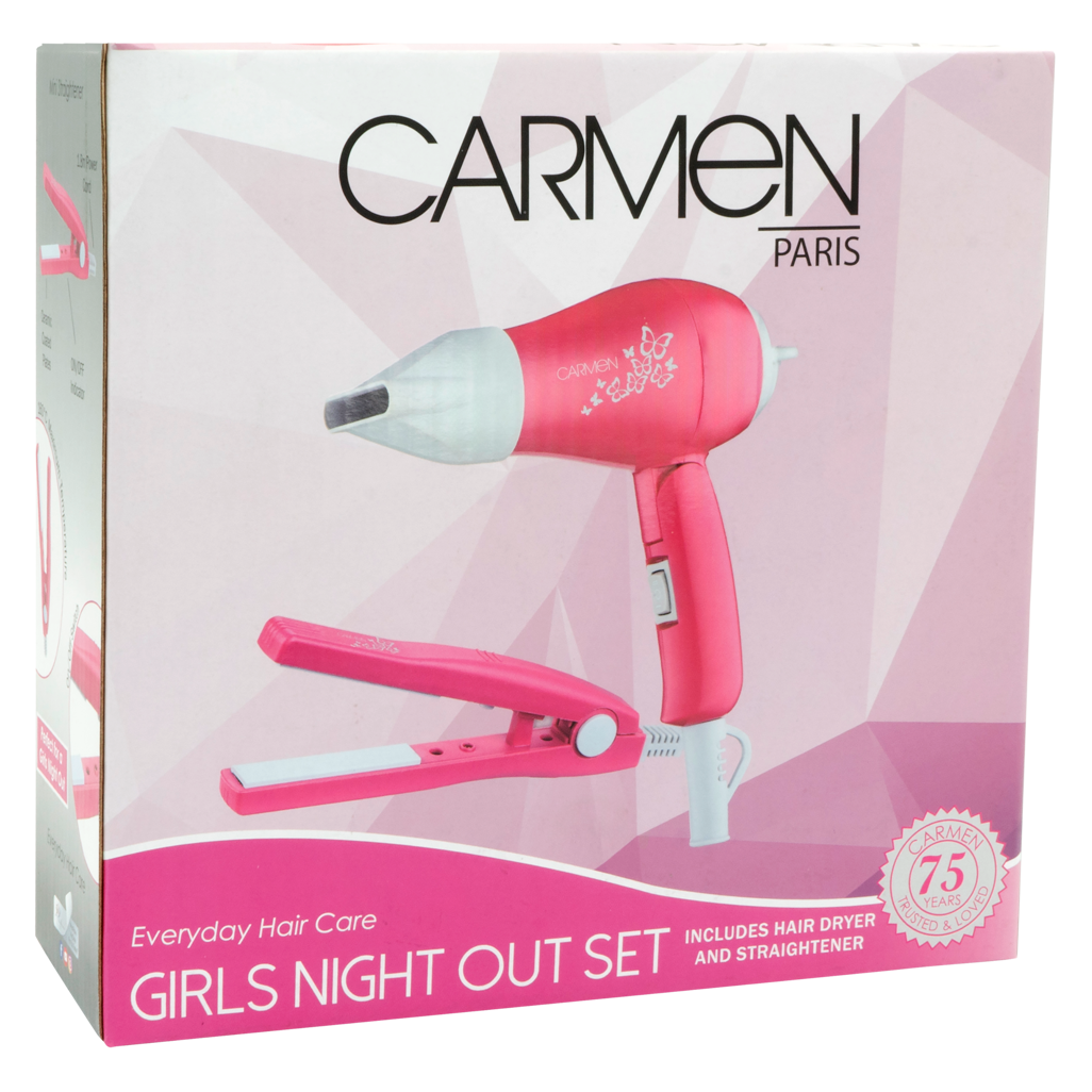 Carmen Ceramic Hair Straightener & Dryer Set - Pink, Travel Styling Kit