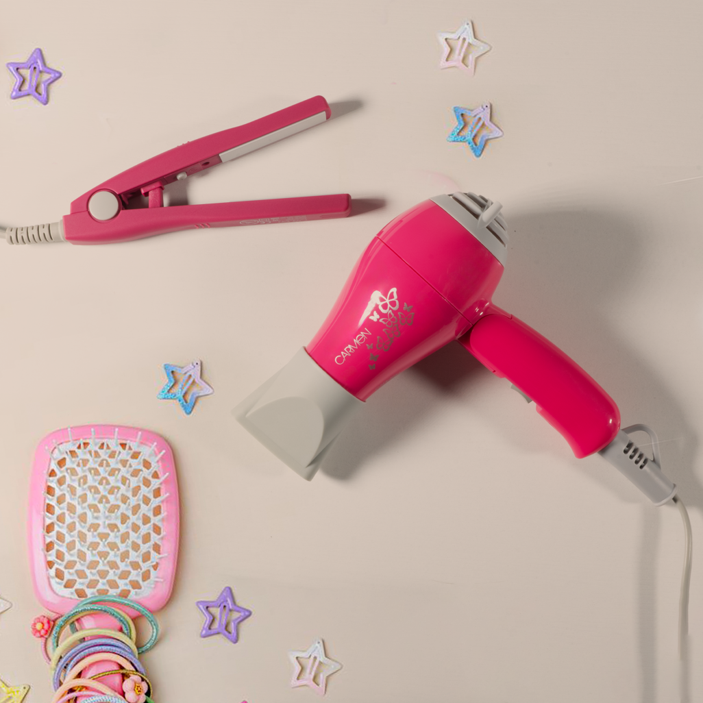 Carmen Ceramic Hair Straightener & Dryer Set - Pink, Travel Styling Kit