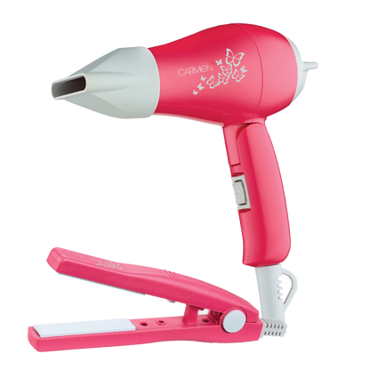 Carmen Ceramic Hair Straightener & Dryer Set - Pink, Travel Styling Kit