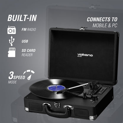 Volkano Retro Series Portable Vinyl 3-Speed Record Player Turntable