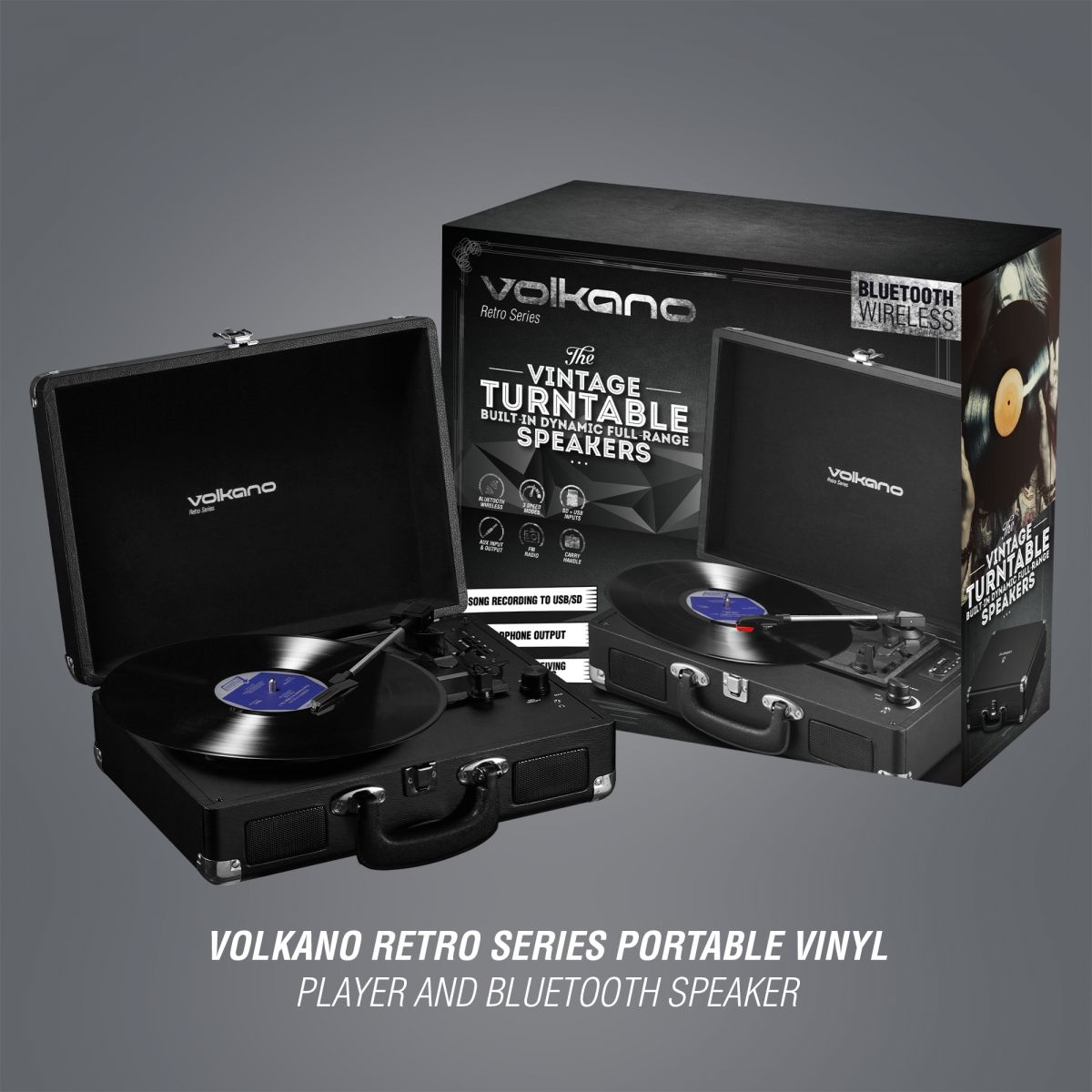 Volkano Retro Series Portable Vinyl 3-Speed Record Player Turntable