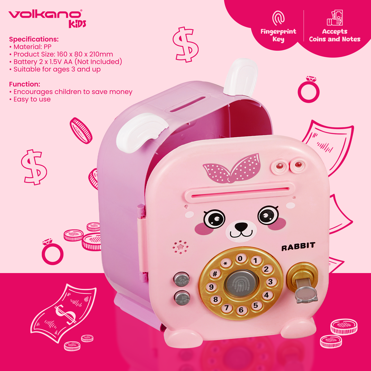 Volkano Kids Rabbit Series Money Saving Vault - Pink