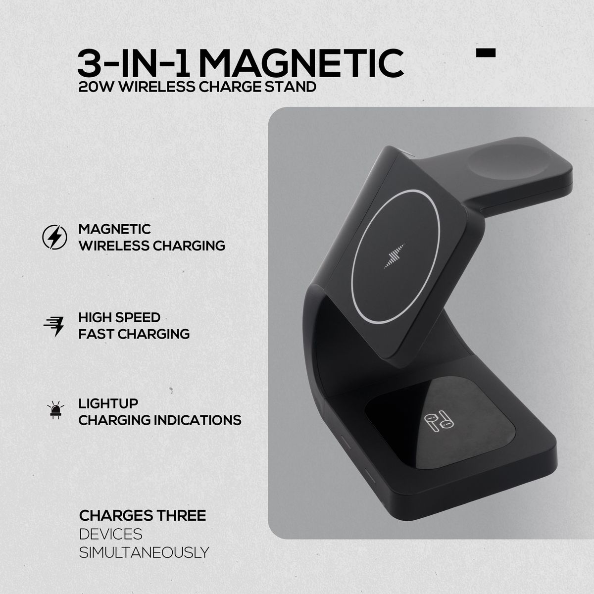 Volkano Gravity 3-in-1 Wireless 15W Charger - Fast Charging Dock, Black