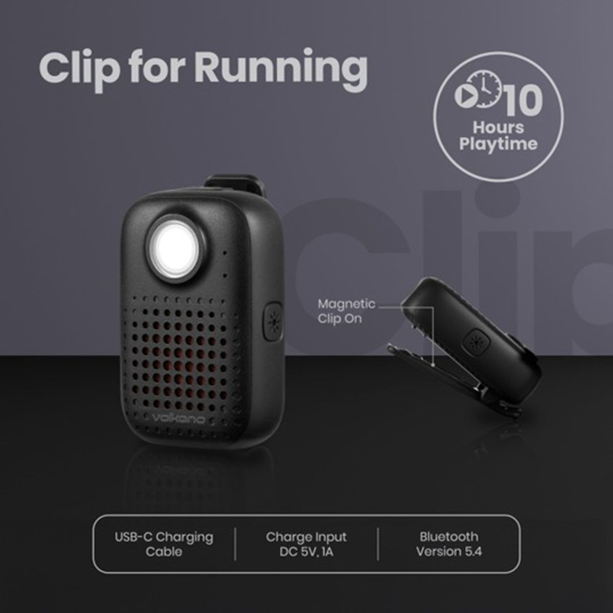 Volkano Flex Bluetooth Wireless Running Speaker with Magnetic Clip - Black
