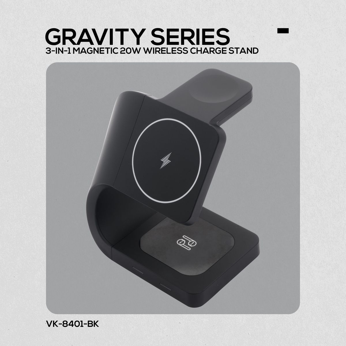 Volkano Gravity 3-in-1 Wireless 15W Charger - Fast Charging Dock, Black