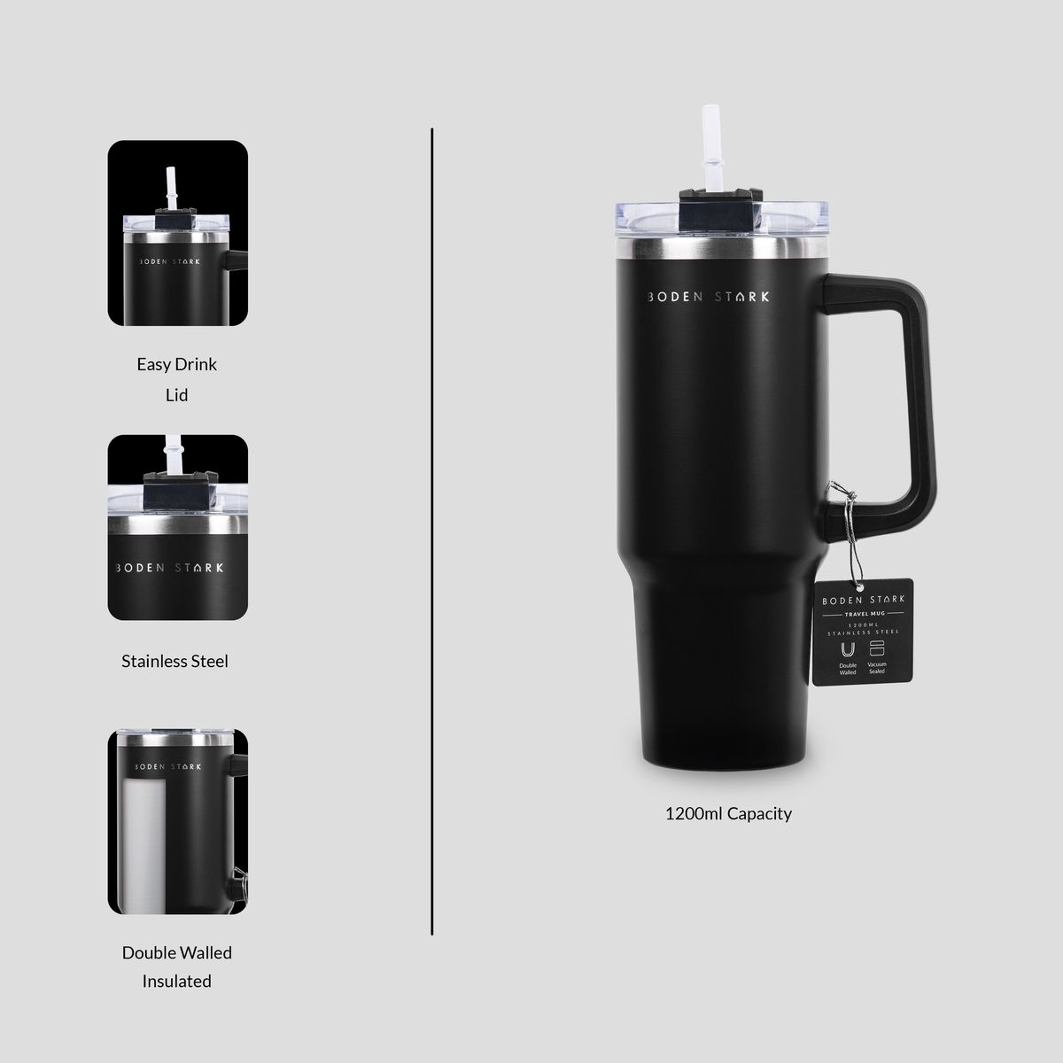 Boden Stark 1200ml Stainless Steel Travel Mug - Black