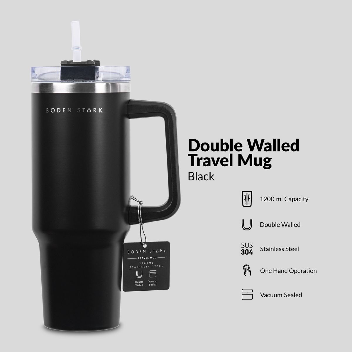 Boden Stark 1200ml Stainless Steel Travel Mug - Black