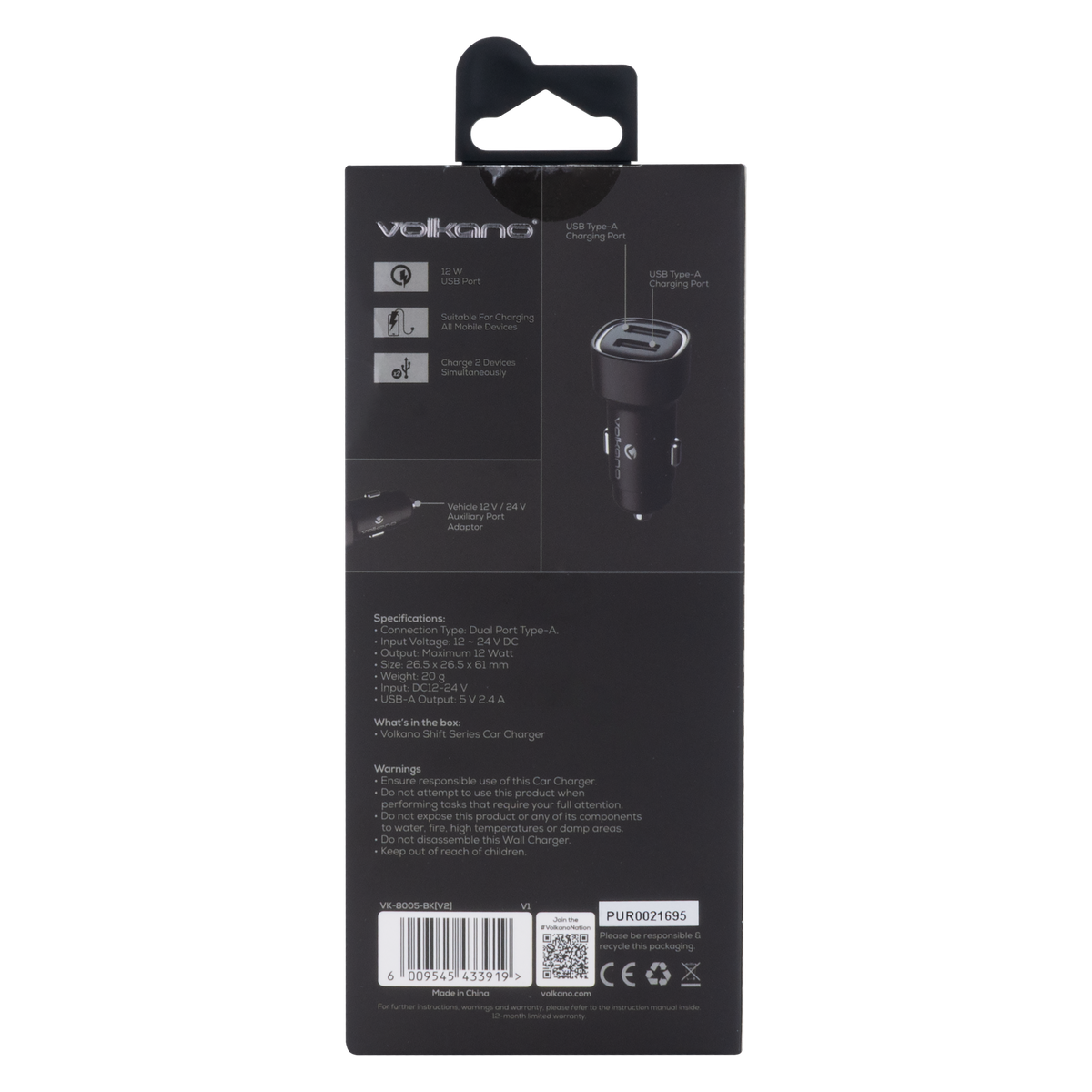 Volkano Dual USB Car Charger 12W - Fast Charging Phone Adapter (Black)