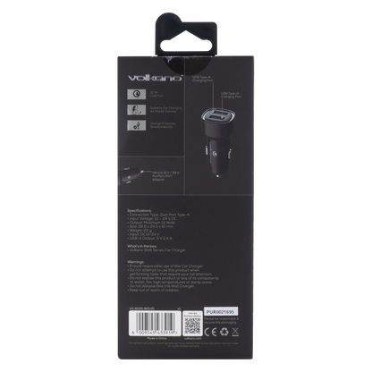 Volkano Dual USB Car Charger 12W - Fast Charging Phone Adapter (Black)