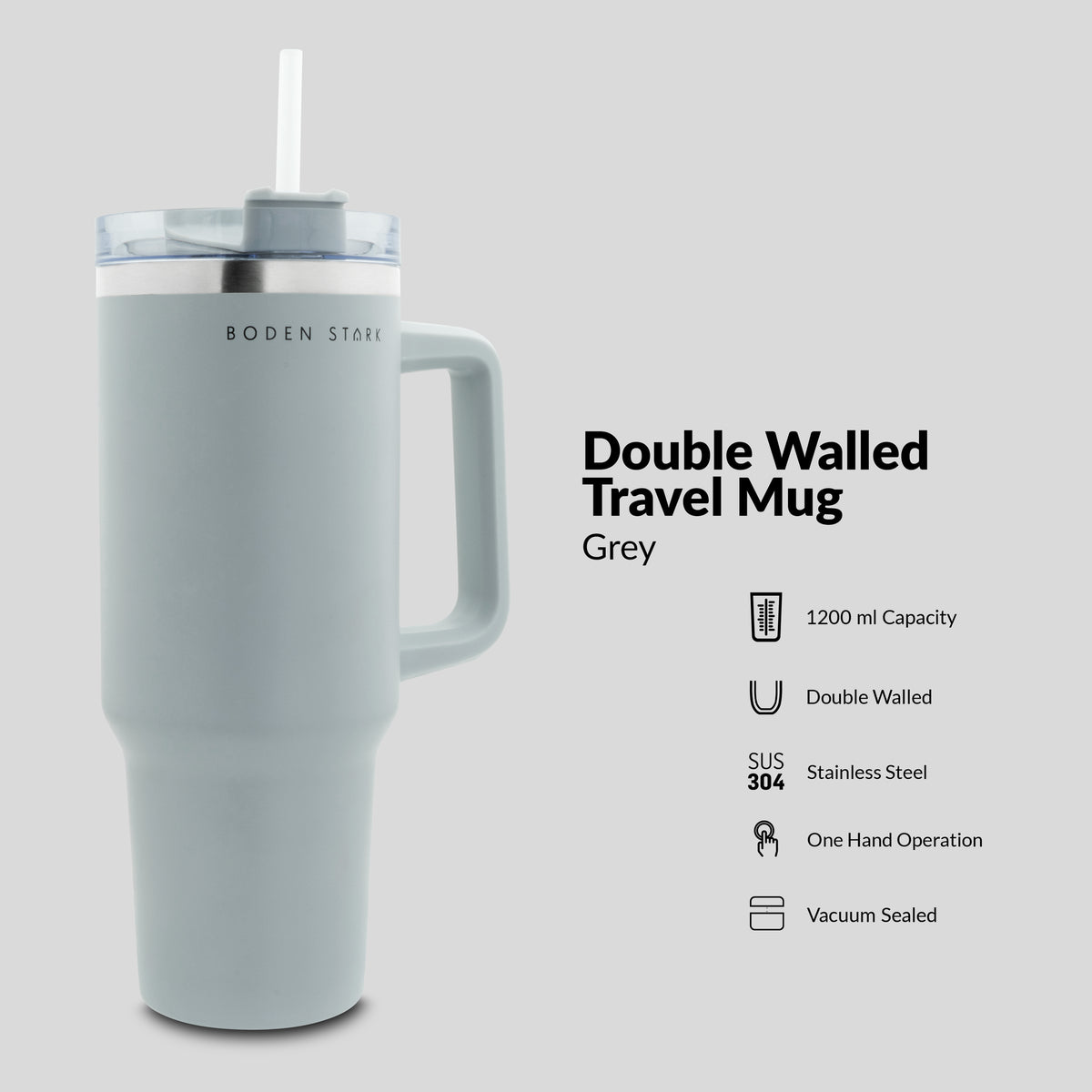 Boden Stark 1200ml Stainless Steel Travel Mug - Grey