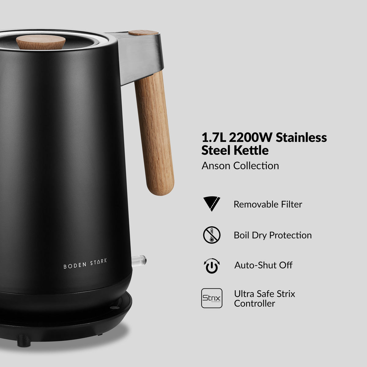 Boden Stark 1.7L Cordless Kettle with Boil Dry Protect | Anson Collection